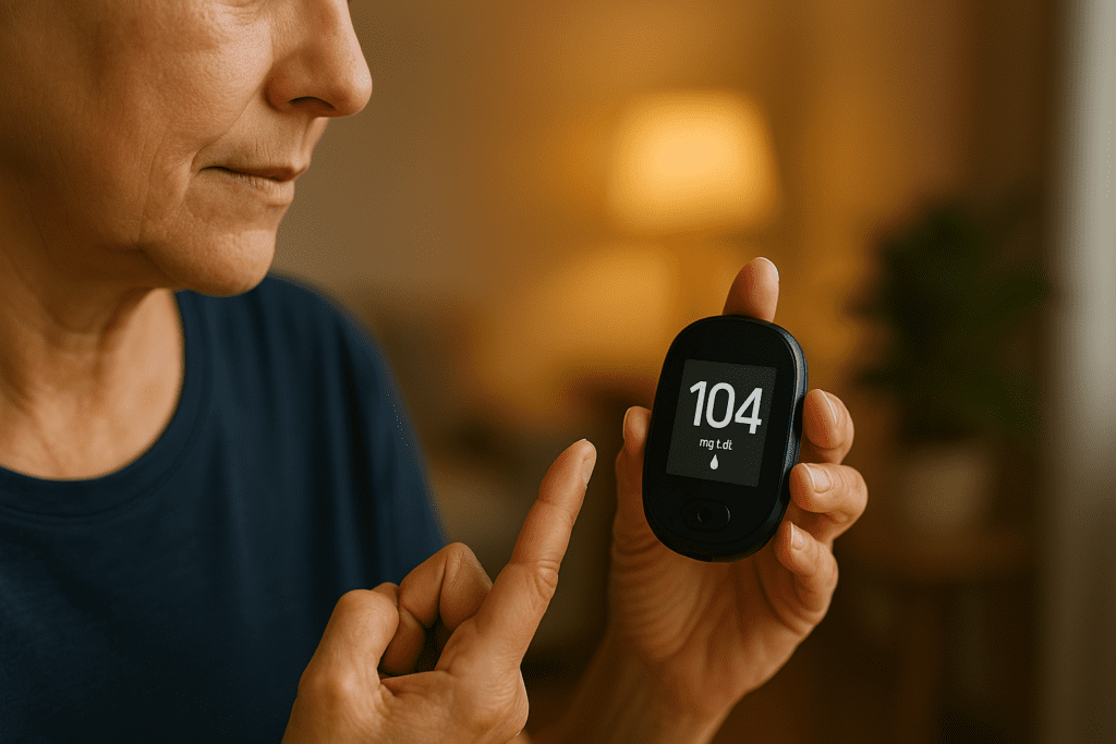 In warm ambient lighting, an elderly man with gray hair inspects a modern, no-test-strip blood glucose meter inside a cozy living room, highlighting the simplicity and ease of use in emerging diabetes care devices. The soft focus background enhances the comforting feel of home-based sugar level monitoring.