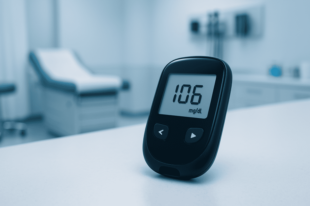 A digital photograph showcases a modern blood glucose meter resting on a spotless white countertop inside a bright, clinical examination room. Cool overhead lighting emphasizes the sleek design and digital display, reinforcing the rise of no test strip technology in diabetes care.