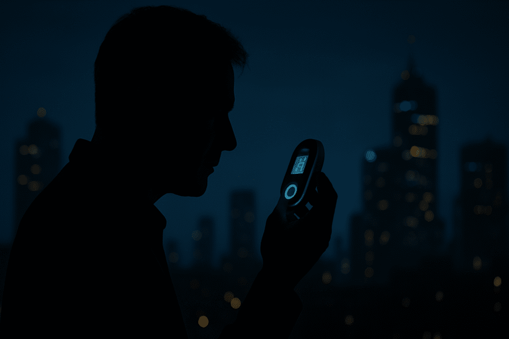 **ALT Text:**
A middle-aged man is silhouetted against a moody nighttime urban skyline as he checks his blood sugar with a glowing, futuristic glucose monitoring device. The dramatic shadows and ambient city lights create a contemplative tone, highlighting the advancement of tech-forward diabetes care.