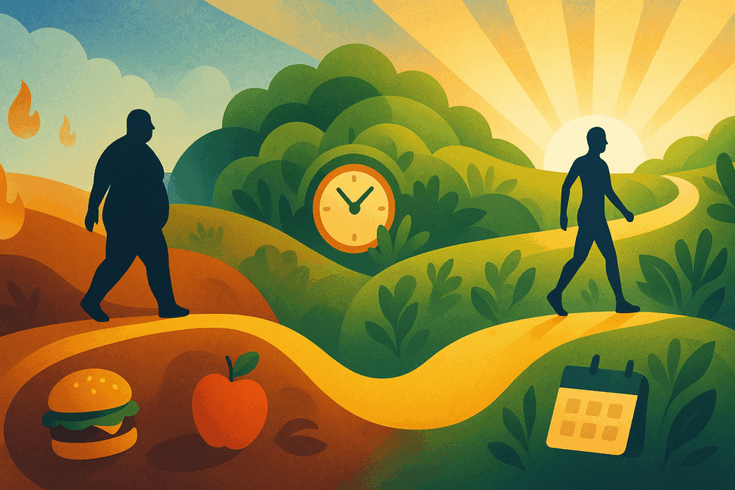 Symbolic weight loss journey showing a heavier silhouette transforming into a fit figure on a path, representing How I Lost 268 Calories with time, diet, and exercise.