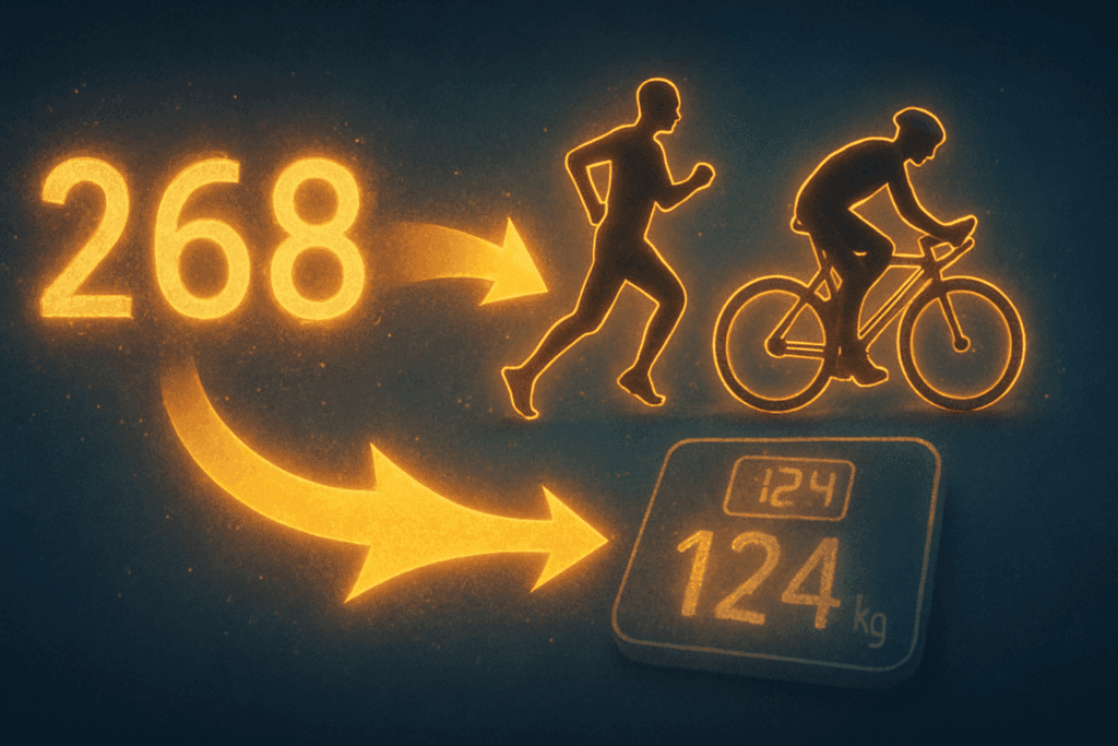 Conceptual illustration showing How I Lost 268 Calories through exercise, with glowing silhouettes running and cycling, energy arrows, and a fading scale.