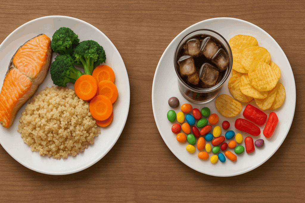 Comparison of two plates each with 815 calories, showing nutrient-dense whole foods versus ultra-processed snacks, illustrating How I Lost 268 Calories through smarter food choices