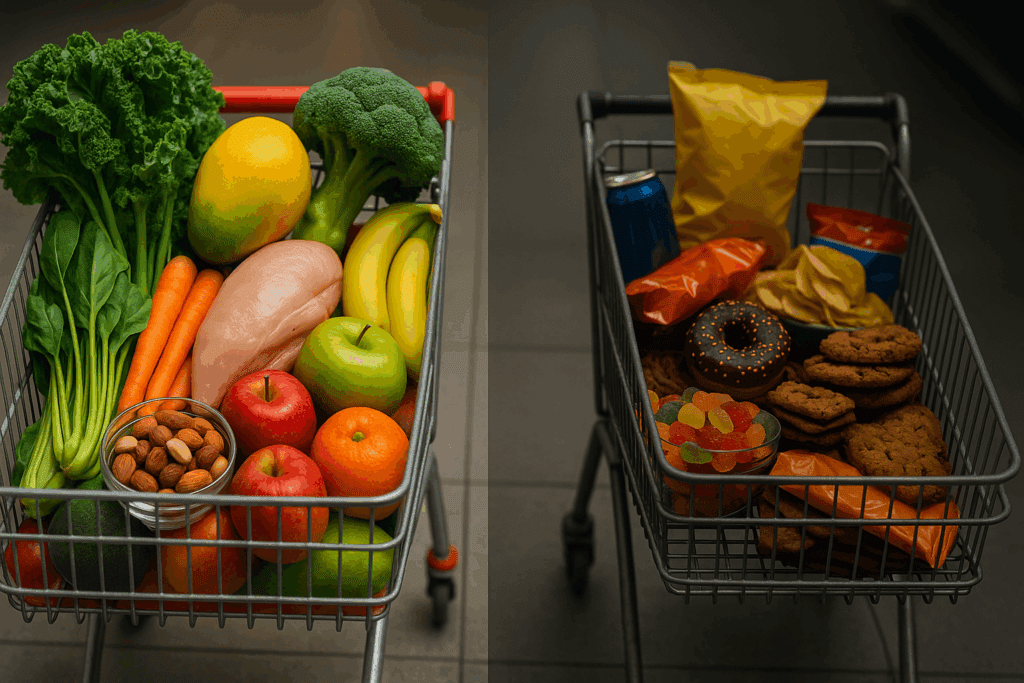 Healthy grocery cart filled with colorful fruits, vegetables, and lean protein beside a dull cart of junk food, visually representing How I Lost 268 Calories through better nutritional choices.