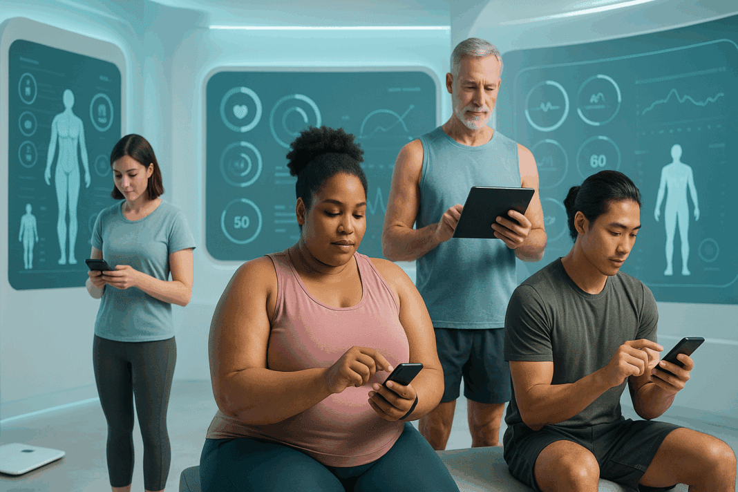 Diverse group of people using digital devices and a Human Weight Calculator in a high-tech wellness center with biometric health data displays