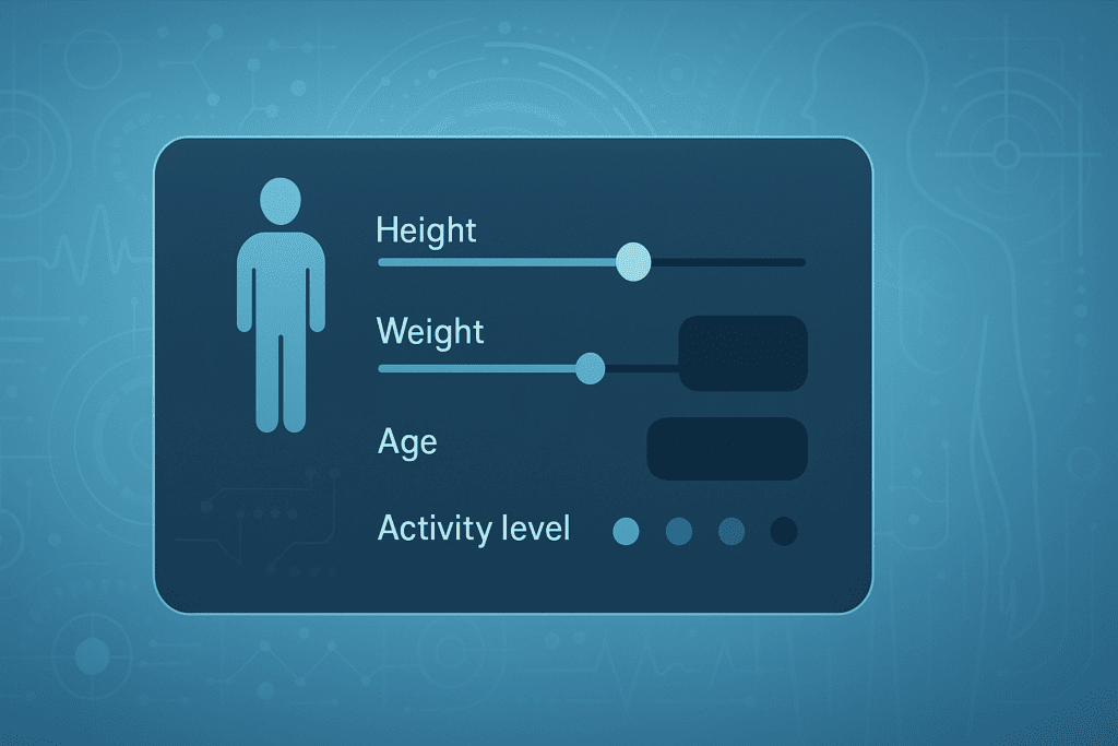 Digital interface for a Human Weight Calculator displaying inputs for height, weight, age, and activity level against a futuristic health technology background.