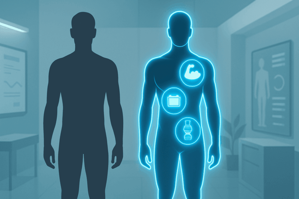 Two male figures side by side in a clinical setting, one representing a basic Human Weight Calculator and the other enhanced with glowing highlights for muscle mass, energy, and body composition