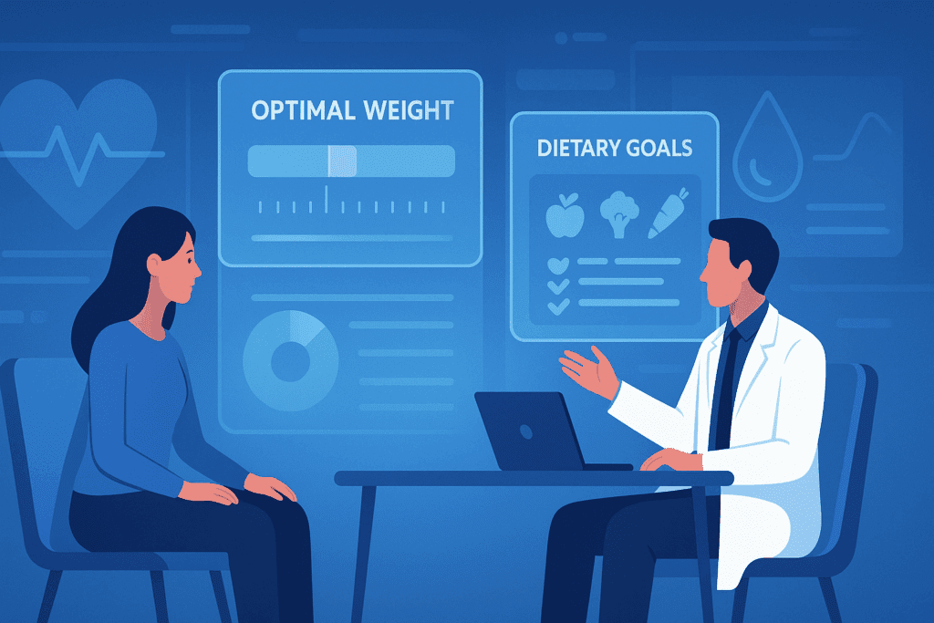 Futuristic nutrition consultation with digital screens displaying Human Weight Calculator data, personalized dietary goals, and preventive health metrics like heart and glucose monitoring.