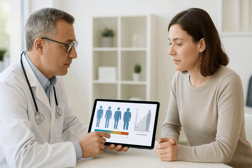 Doctor showing a BMI chart on a tablet during a medical consultation, explaining how to lower your BMI safely with visual height and weight indicators.
