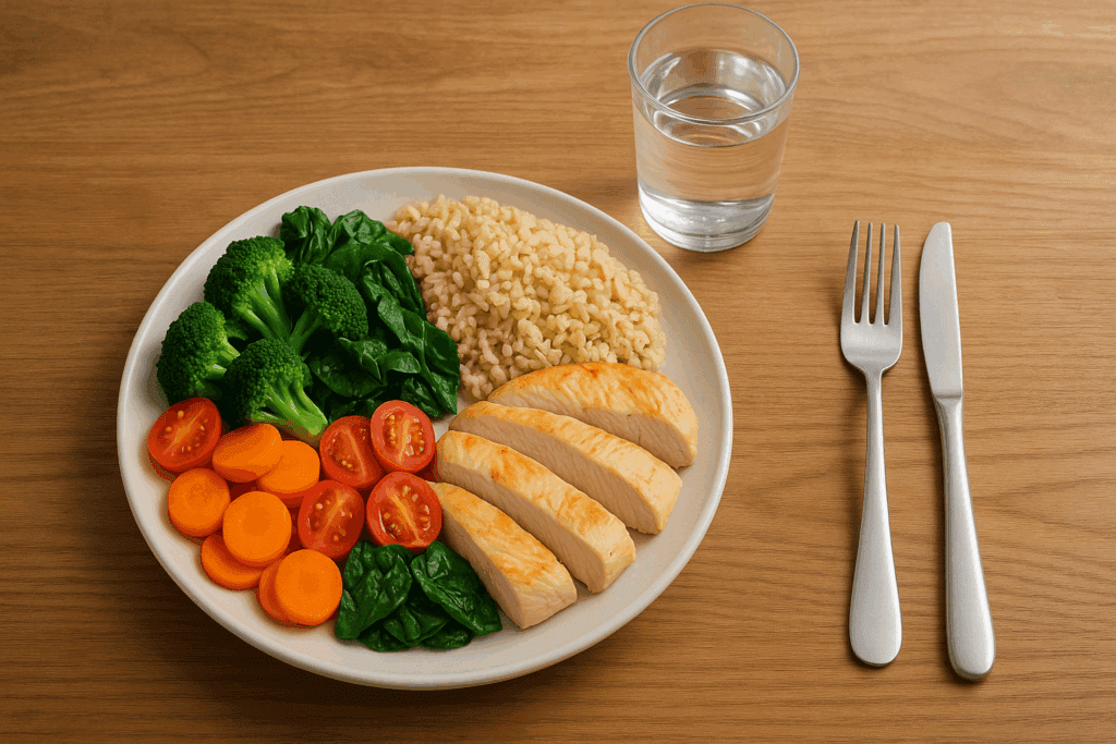Balanced plate with colorful vegetables, whole grains, and lean protein showing how to lower your BMI safely through healthy eating.