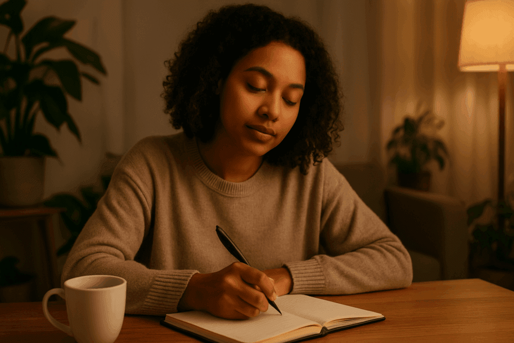 Person journaling with a calm expression in a cozy room, illustrating mindfulness as part of how to lower your BMI safely.