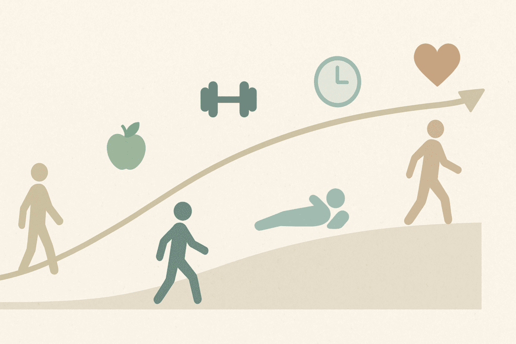 Conceptual infographic showing how to lower your BMI safely with gradual lifestyle changes including nutrition, exercise, sleep, and mindset.