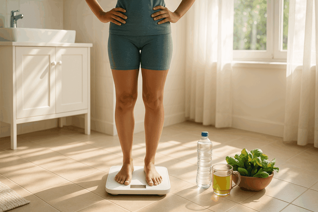 Confident woman standing on a bathroom scale in sunlight next to green tea, water, and leafy greens, illustrating how to lose 3 pounds in a day safely.
