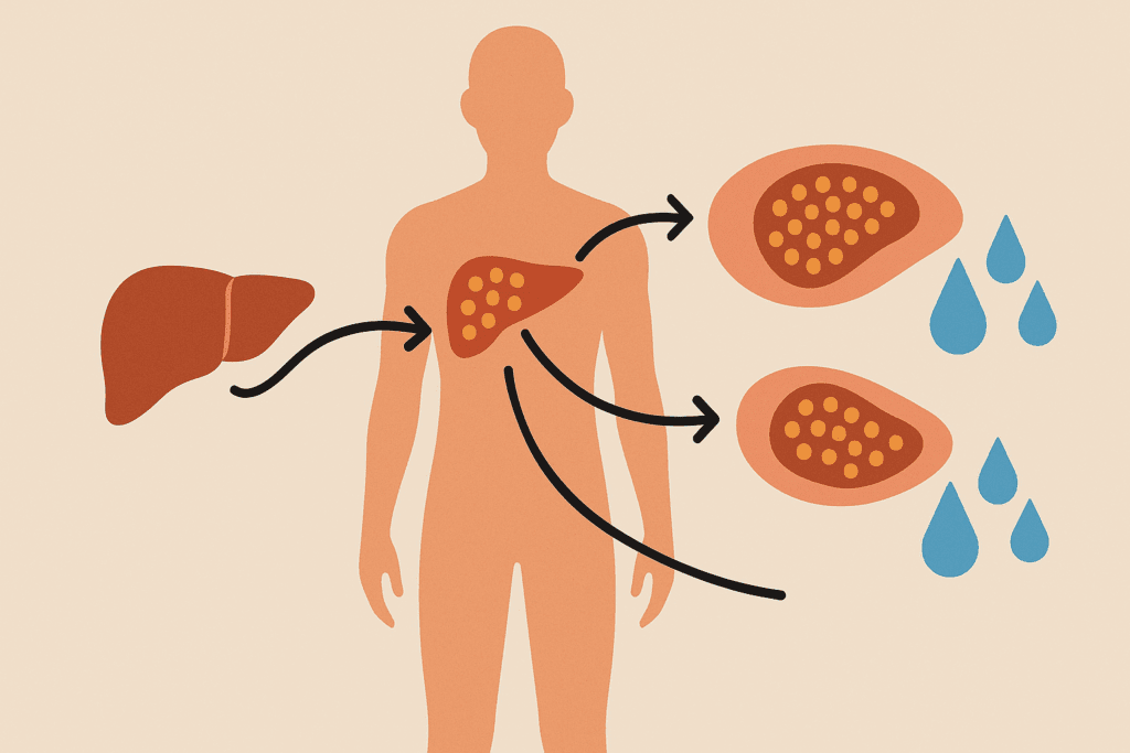 Scientific illustration of glycogen loss and water release from liver and muscle cells, explaining how to lose 3 pounds in a day safely