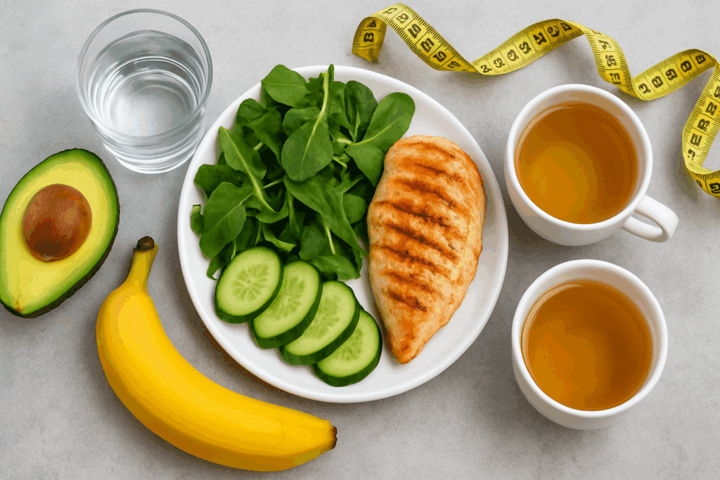 Flat-lay of a healthy low-carb meal with grilled chicken, leafy greens, cucumber, avocado, banana, herbal tea, and water, illustrating how to lose 3 pounds in a day safely