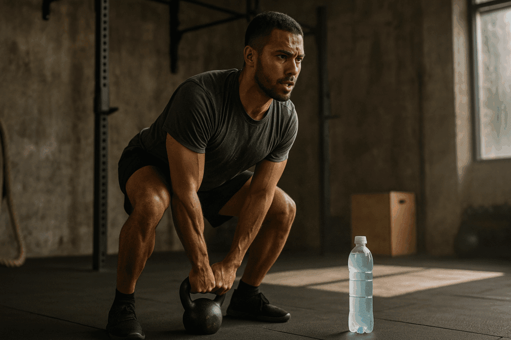 Man performing kettlebell swings during intense HIIT workout with sweat and electrolyte water nearby, showing how to lose 3 pounds in a day safely through exercise.