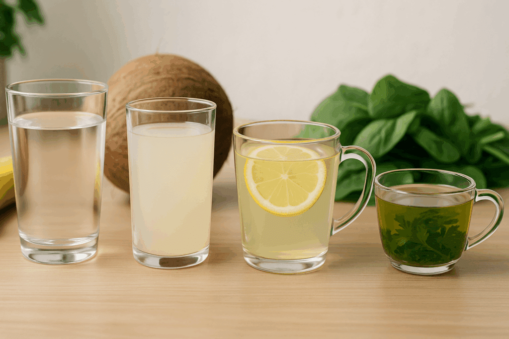 Hydration-focused drinks and electrolyte-rich foods like water, lemon water, coconut water, herbal tea, banana, and spinach on a clean countertop, supporting how to lose 3 pounds in a day safely
