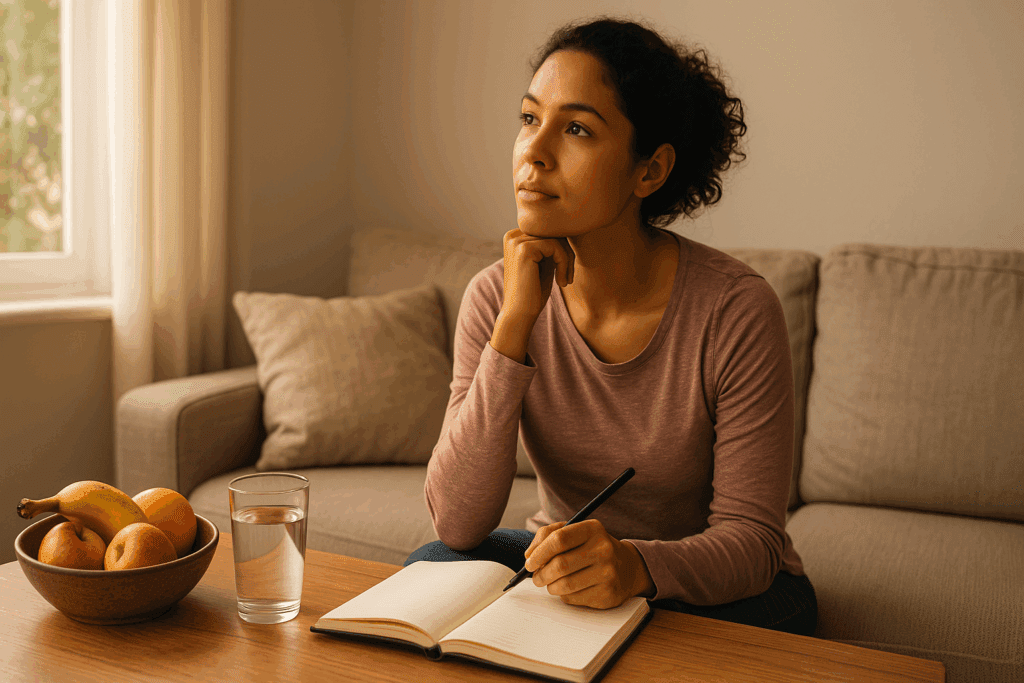 Woman journaling in a sunlit living room with fruit and water nearby, reflecting on how to lose 3 pounds in a day safely.