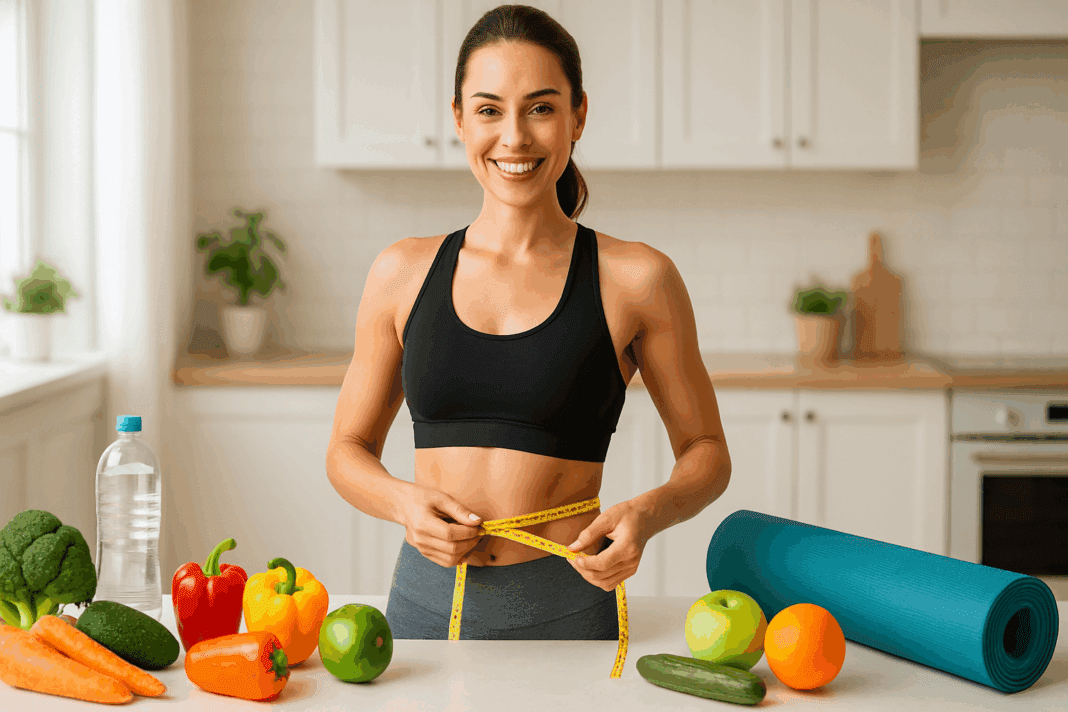 Smiling fit woman in athletic wear measuring her waist with a tape measure in a bright kitchen, surrounded by healthy food and fitness gear, illustrating how to lose inches off your waist.