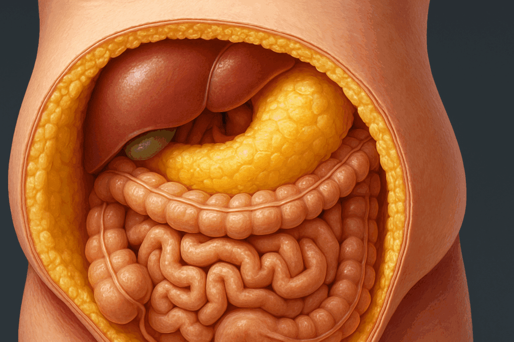 Cross-sectional medical illustration of abdominal fat layers showing visceral and subcutaneous fat near organs like the liver and intestines, explaining how to lose inches off your waist