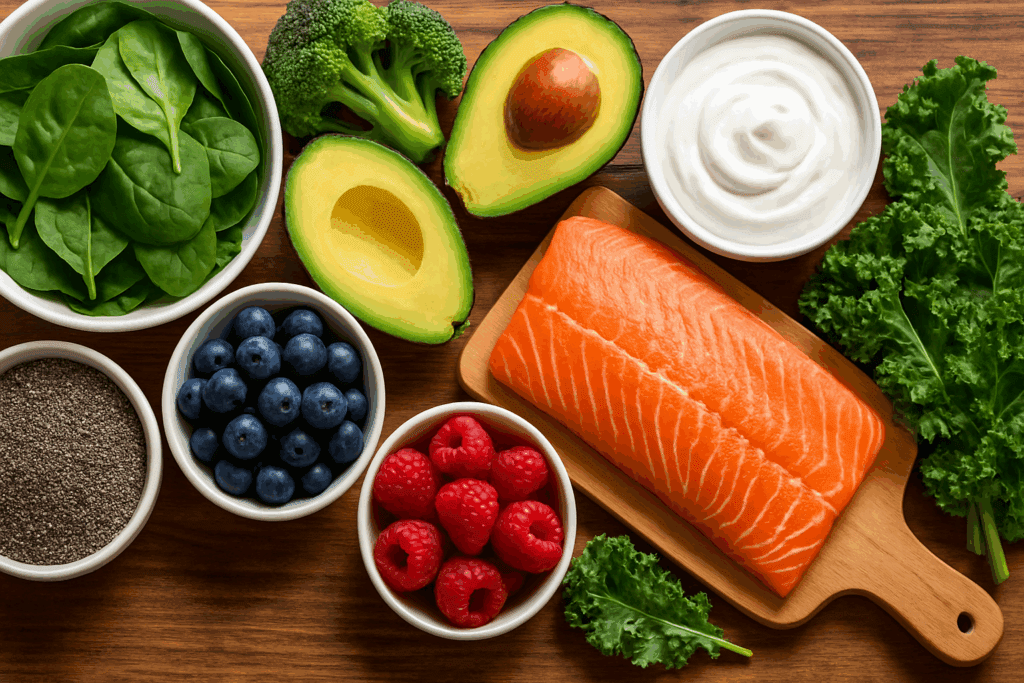 Fresh whole foods for a healthy diet featuring salmon, leafy greens, berries, avocado, chia seeds, and yogurt—ideal for those learning how to lose inches off your waist.