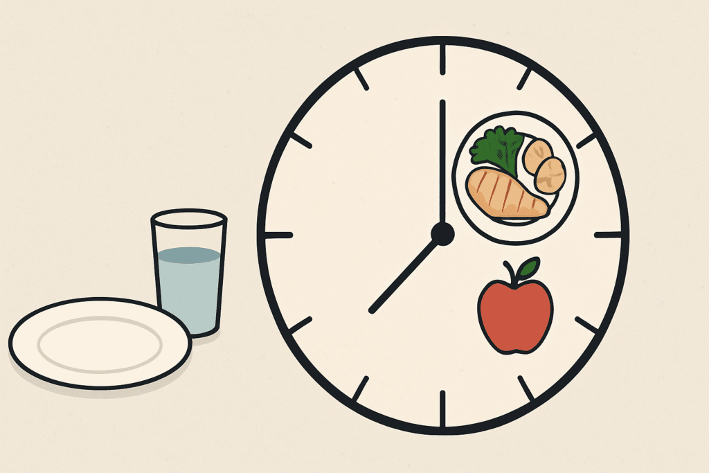 Abstract intermittent fasting clock illustration showing restricted eating hours with symbolic meals and fasting period, related to How to Lose Inches Off Your Waist