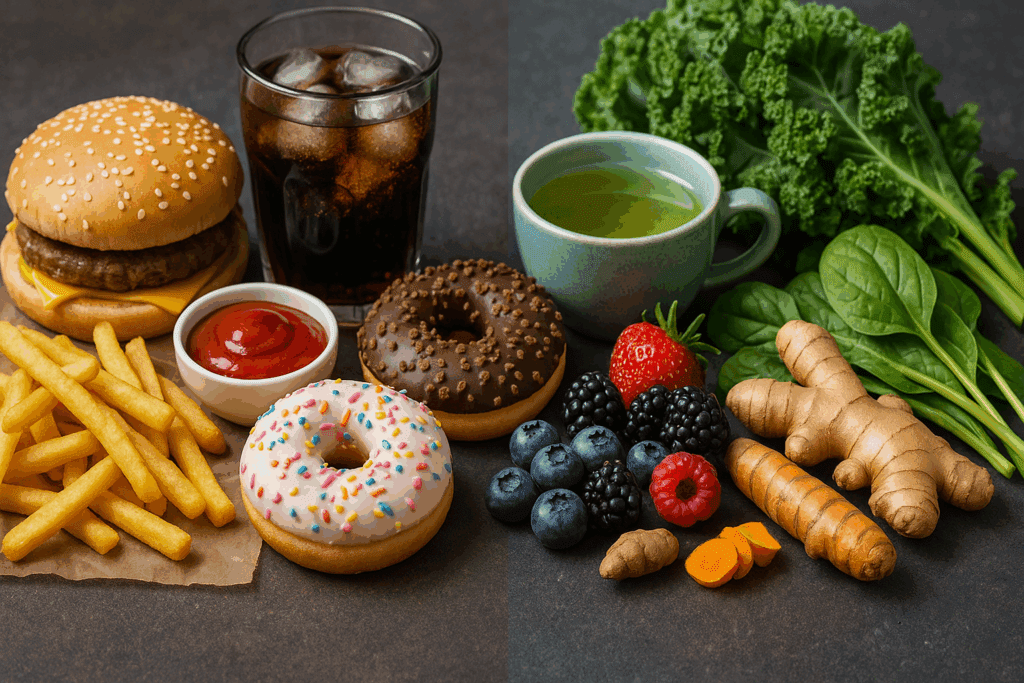 Visual comparison of inflammatory and anti-inflammatory foods to illustrate dietary strategies for how to lose inches off your waist