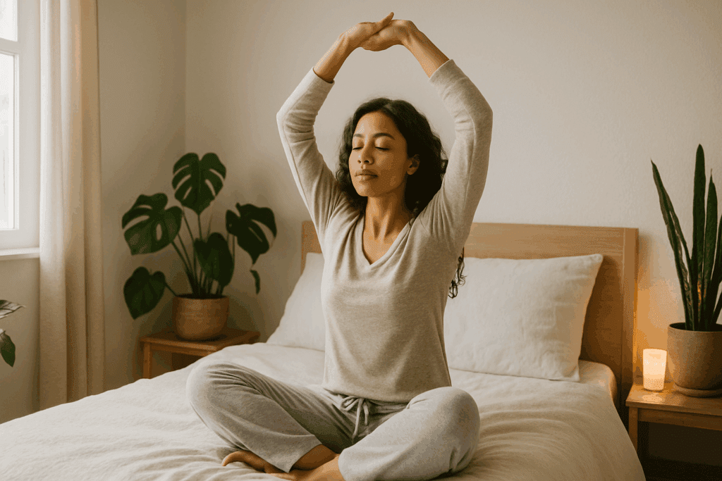 Peaceful woman practicing bedtime stretching in a serene bedroom, promoting stress relief and healthy sleep habits linked to how to lose inches off your waist