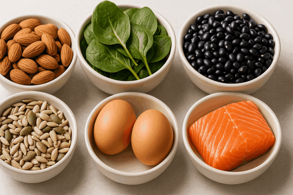 Magnesium-rich almonds and spinach, zinc-rich seeds and black beans, and vitamin B-rich eggs and salmon arranged in bowls to support metabolic health and show how to lose inches off your waist naturally