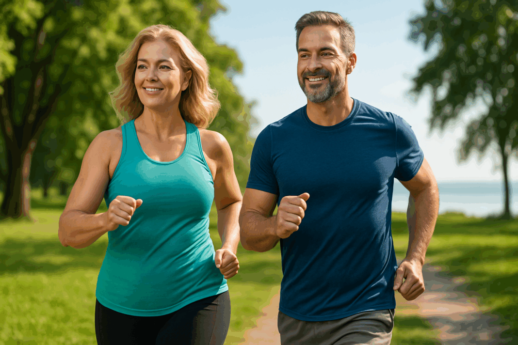Healthy middle-aged couple exercising outdoors, symbolizing how to lose a hanging belly safely after 40 through age-appropriate fitness and wellness.