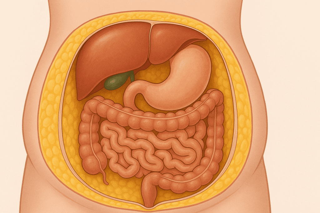 Cross-sectional abdominal anatomy showing subcutaneous and visceral fat to illustrate how to lose a hanging belly safely after 40