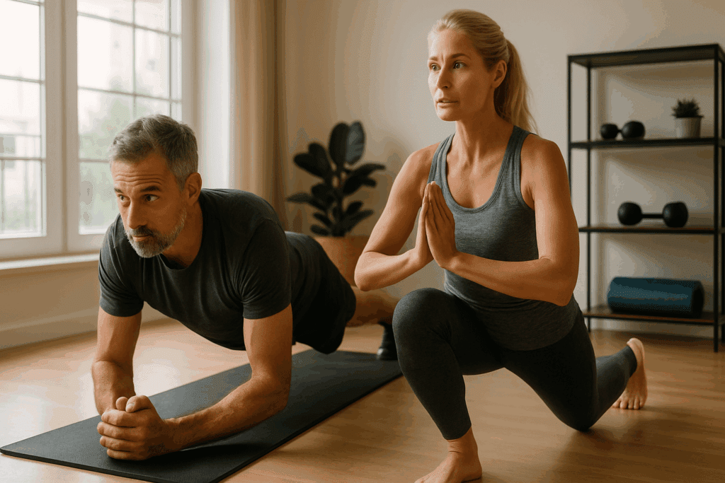 Fit middle-aged man and woman doing planks and lunges in a sunlit home gym, demonstrating how to lose a hanging belly safely after 40 through strength training.