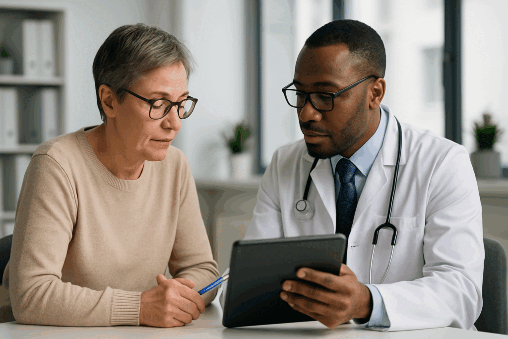 Middle-aged person consulting with a doctor about medical evaluations and hormonal testing, discussing how to lose a hanging belly safely after 40.