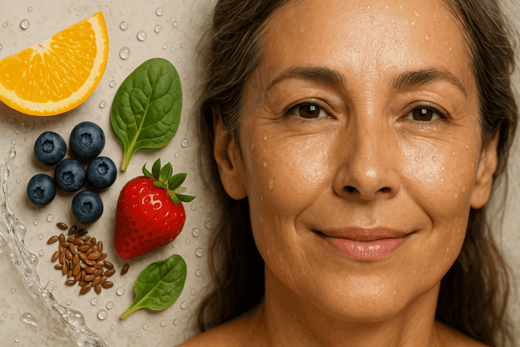 Healthy middle-aged woman with glowing skin next to berries, citrus, spinach, and flaxseeds symbolizing hydration and nutrition for how to lose a hanging belly safely after 40.