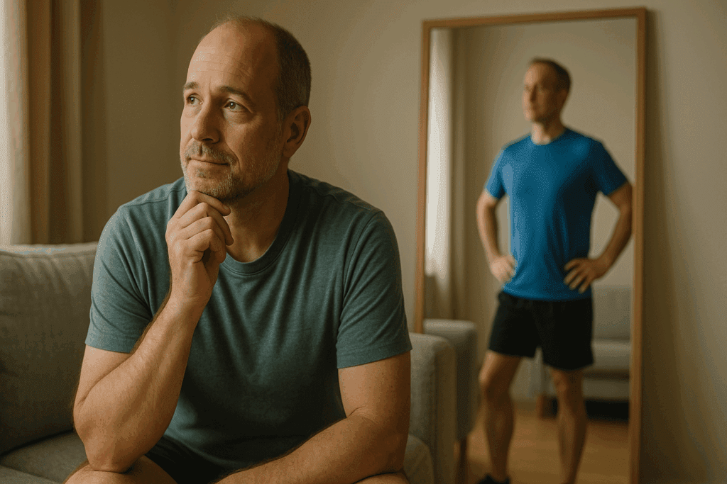Middle-aged man reflecting on a couch with his fit, active self in the mirror, symbolizing progress in learning how to lose a hanging belly safely after 40.