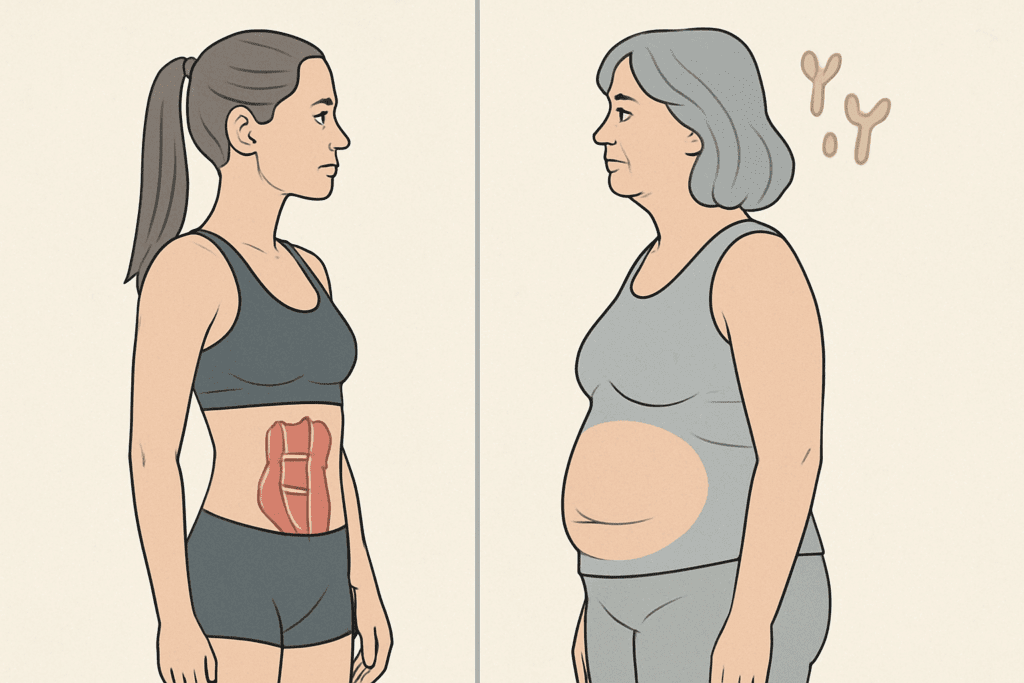 Split-view conceptual illustration comparing a younger woman and an older woman with signs of midlife muscle loss, hormonal changes, and abdominal fat to explain physiological factors in the Best Weight Loss Program for Women Over 45.
