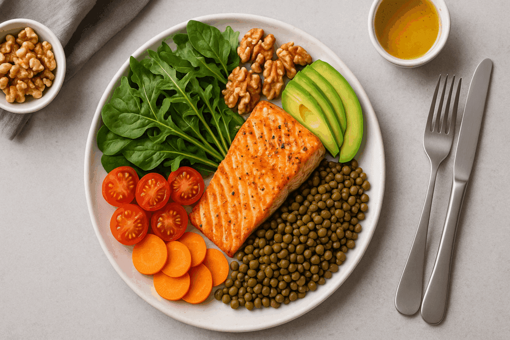 Nutrient-dense meal of grilled salmon, leafy greens, avocado, lentils, walnuts, and vegetables representing the Best Weight Loss Program for Women Over 45.