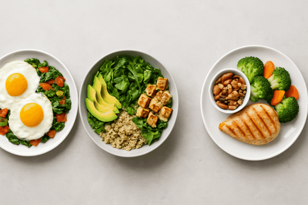 Daily meal timeline showing the Best Weight Loss Program for Women Over 45 with protein-rich eggs and vegetables, quinoa bowl, yogurt with nuts, and grilled chicken with steamed vegetables.