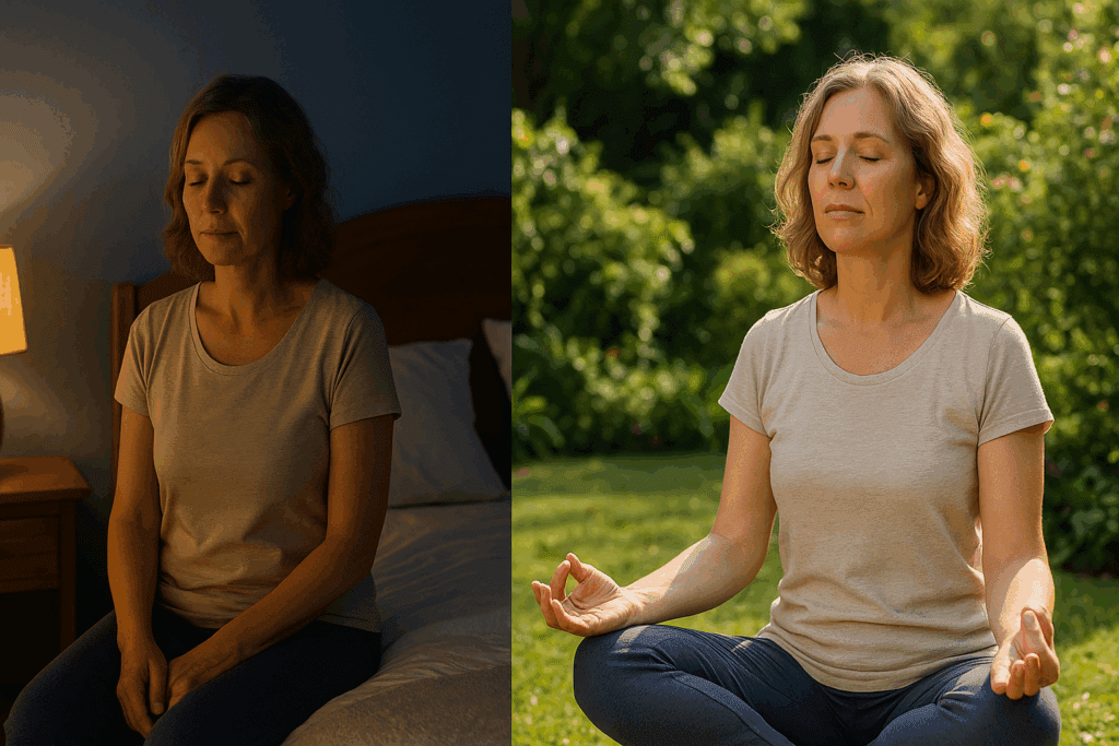 Middle-aged woman practicing mindfulness and sleep hygiene, representing the Best Weight Loss Program for Women Over 45 focused on stress reduction and healthy habits.