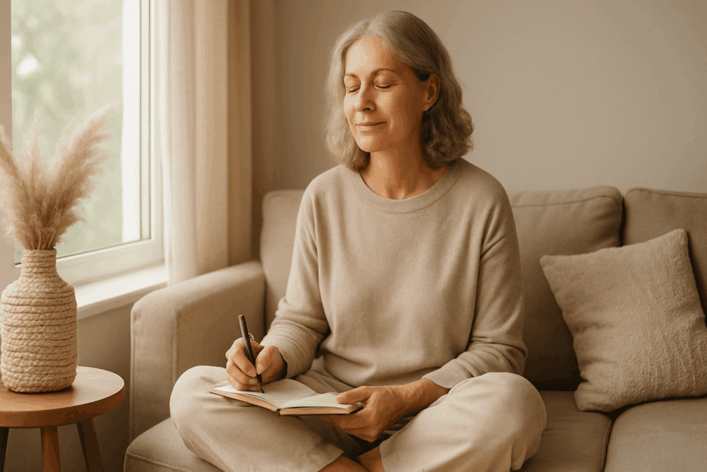 Serene woman journaling near a sunlit window, practicing mindfulness and self-compassion as part of the best weight loss program for women over 45.