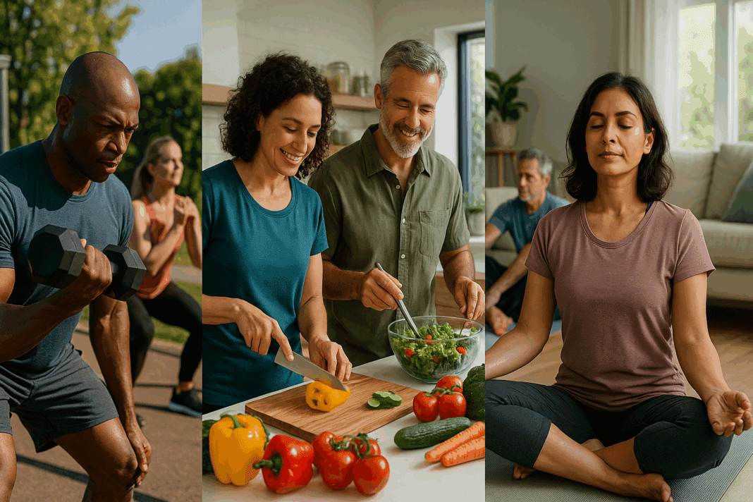 Diverse group of adults in their 30s to 50s engaging in strength training, healthy cooking, and mindfulness exercises to lower body fat percentage naturally.