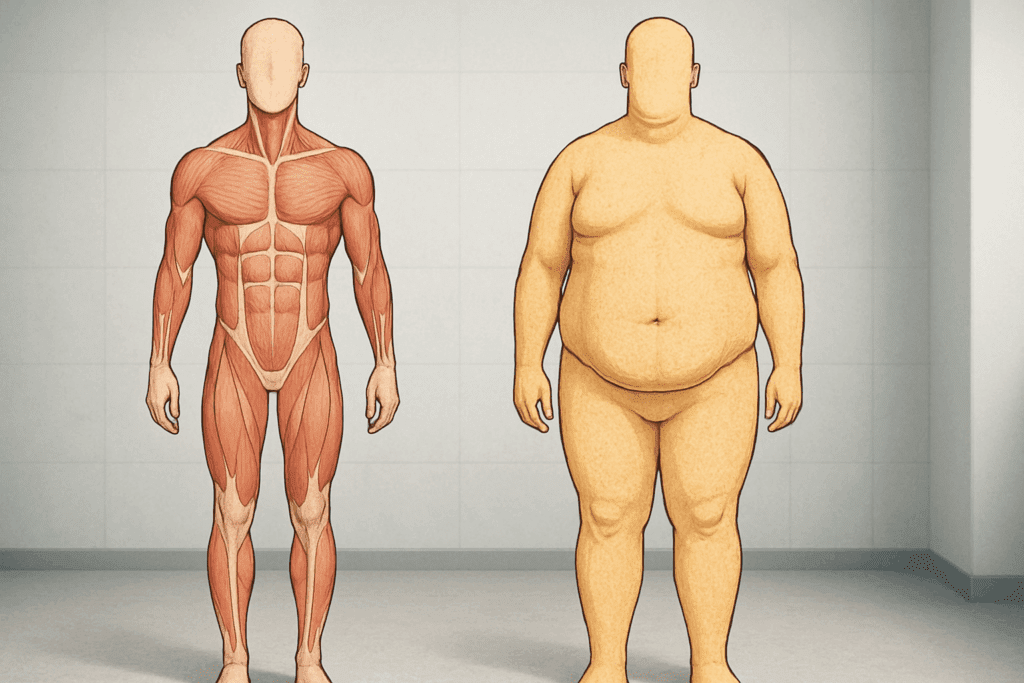 Side-by-side anatomical comparison of two male bodies with equal weight, showing how to lower body fat percentage naturally through visible muscle tone versus higher fat distribution.