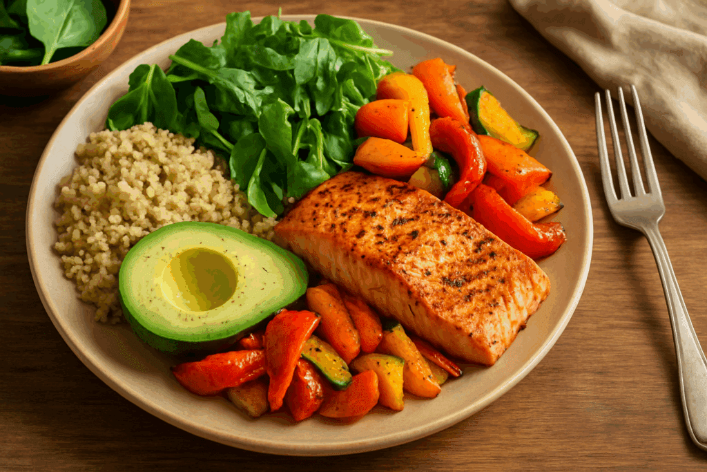 Grilled salmon with quinoa, avocado, leafy greens, and roasted vegetables on a wooden table, showing a healthy meal to lower body fat percentage naturally.