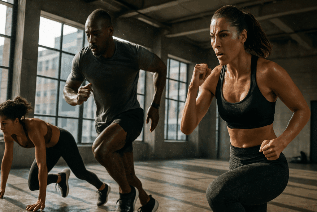 Group of fit adults doing high-intensity interval training in a gym to lower body fat percentage naturally through cardio and strength exercises.