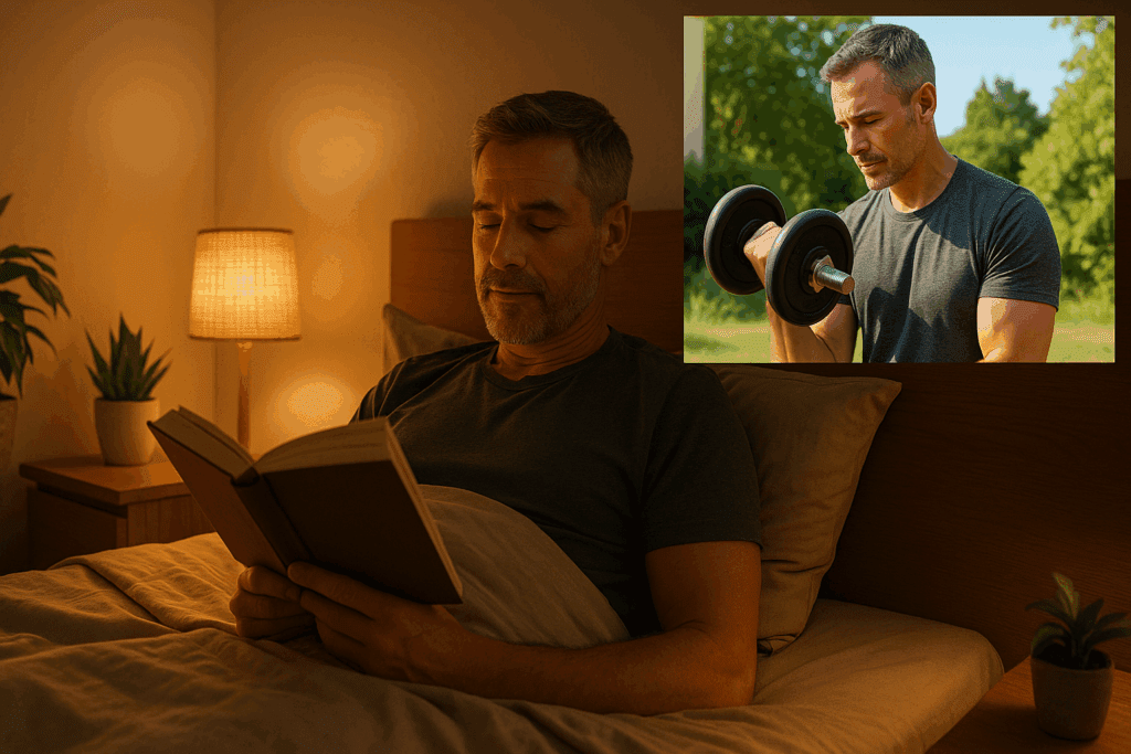 Middle-aged man lifting weights outdoors and relaxing in bed with dim lighting, showing how to lower body fat percentage naturally through exercise and sleep-friendly habits