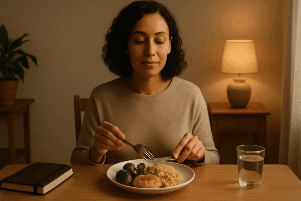 Woman practicing mindful eating in a peaceful dining setting to lower body fat percentage naturally, with a journal, balanced meal, and calm ambiance.