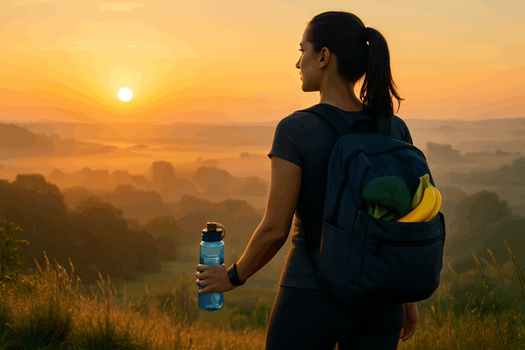 Confident woman in athletic wear holding a water bottle at sunrise, overlooking a scenic valley with healthy food in her backpack, symbolizing how to lose 5 pounds quickly through outdoor fitness and clean eating.