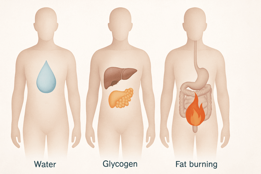 Medical illustration showing body composition changes—water loss, glycogen depletion, and fat burning—explaining how to lose 5 pounds quickly based on early physiological weight loss.