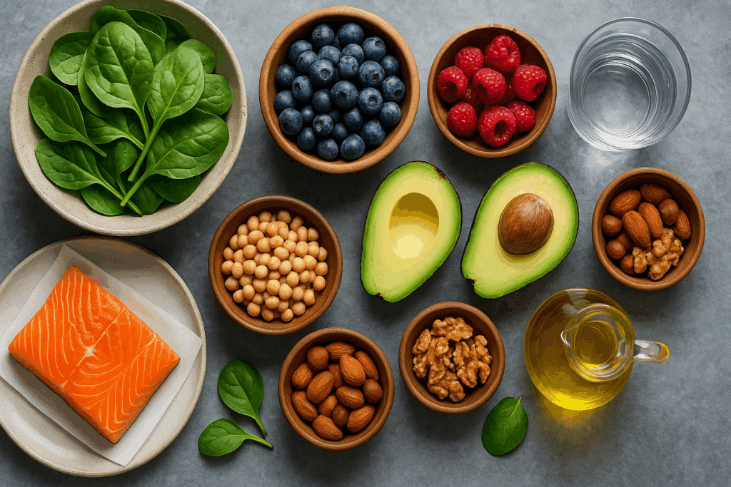 Overhead view of a nutrient-dense meal prep layout with salmon, leafy greens, avocados, legumes, berries, nuts, and olive oil designed to support how to lose 5 pounds quickly