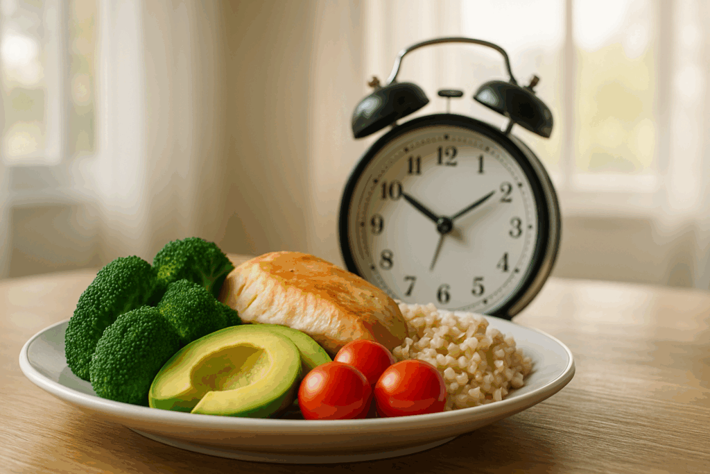 Healthy meal with broccoli, avocado, cherry tomatoes, brown rice, and grilled chicken in front of a clock, symbolizing time-restricted eating for how to lose 5 pounds quickly.