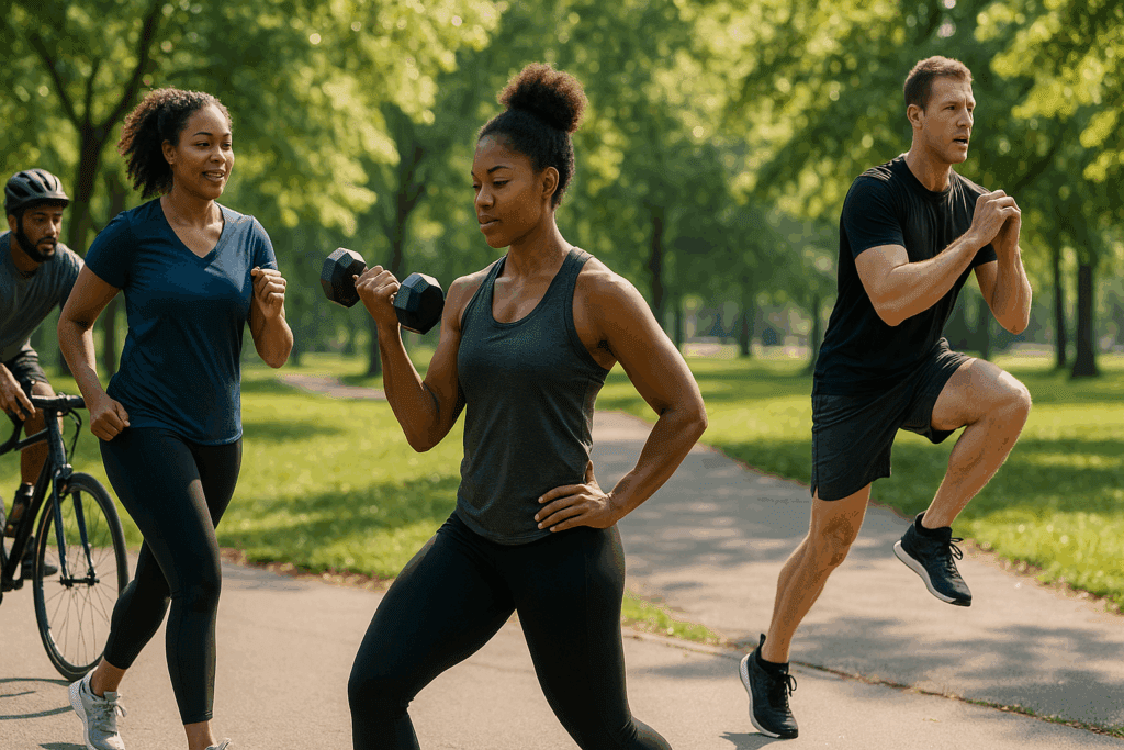 Diverse group of people in a park doing brisk walking, cycling, resistance training, and HIIT to demonstrate how to lose 5 pounds quickly through physical activity.